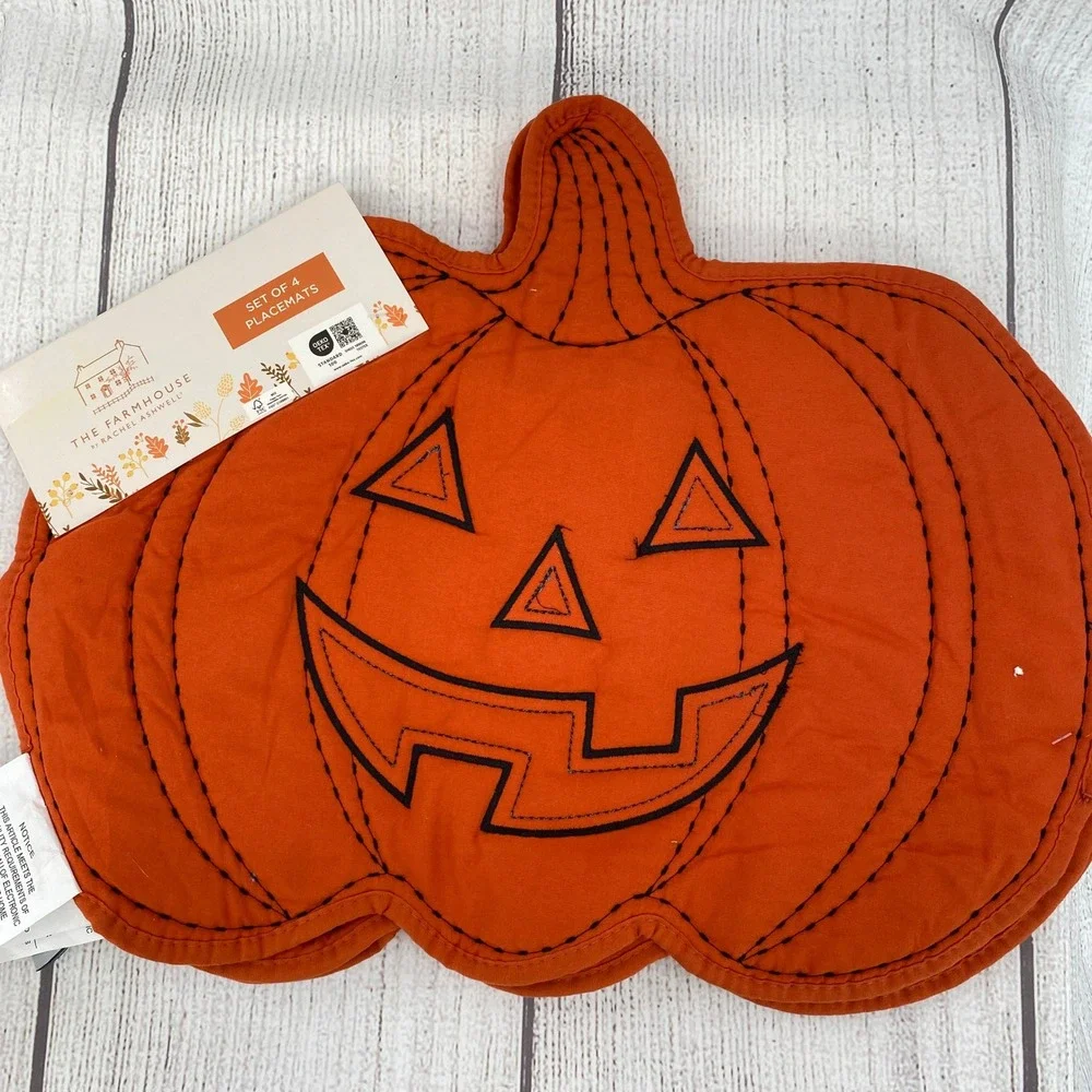 Rachel Ashwell Placemats (4) Orange Pumpkin Jack O Lantern Halloween Quilted